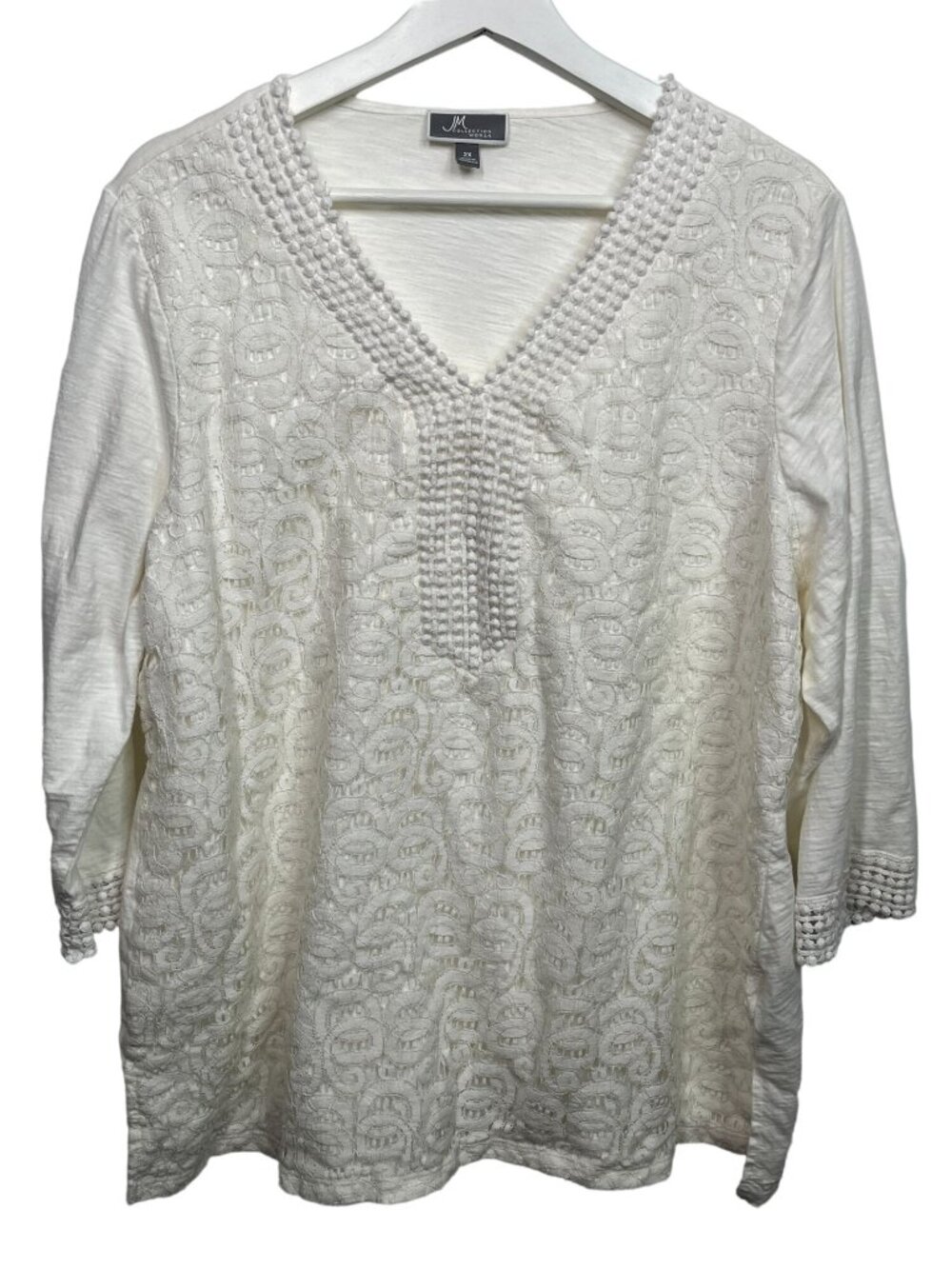 JM Collection Plus 2X Lace Peasant Blouse White Cream Textured Boho